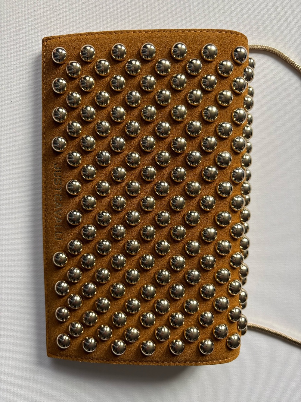 NWT Just Cavalli Tan Suede Gold Studded Crossbody Bag Chain Strap